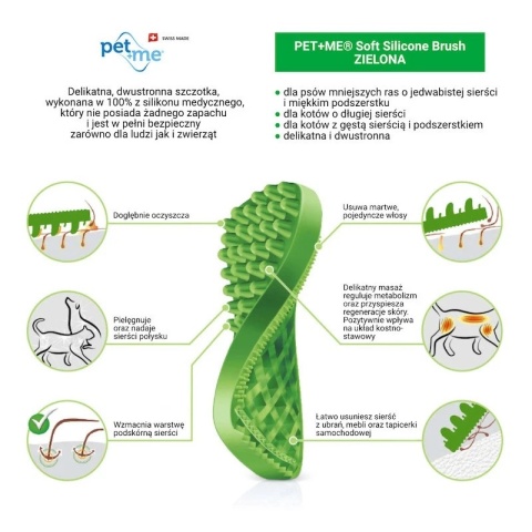 Pet+Me Soft Silicone Brush Green - szczotka silikonowa dla małych psów i kotów z długą, gęstą sierścią i miękkim podszerstkiem