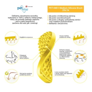 Pet+Me Medium Silicone Brush Yellow - szczotka silikonowa dla psa, o sierści krótkiej i gęstej, długiej lub szorstkowłosego