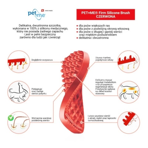 Pet+Me - Firm Silicone Brush Red - Szczotka silikonowa dla psa, do gęstej i długiej sierści z grubym podszerstkiem